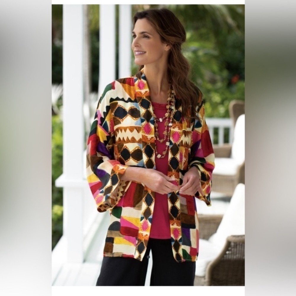 Soft Surroundings Margot Open Front Cardigan Shirt Geometric Size Small Medium